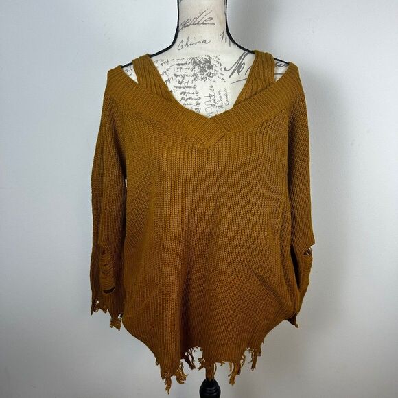 Full Circle Trends Sweaters - Full Circle Trends Mustard Yellow Distressed Cold Shoulder Sweater Womens 2X